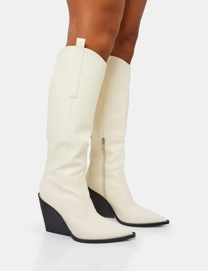 Women Nevada Ecru Western Cowboy Pointed Toe Block Heel Knee High Boots Neutral Public Desire Festival Women Nevada Ecru Western Cowboy Pointed Toe Block Heel Knee High Boots Neutral Public Desire Festival