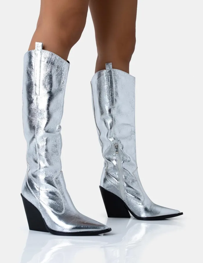 Women Nevada Silver Metallic Wide Fit Western Cowboy Pointed Toe Block Heel Knee High Boots Silver Public Desire Festival Women Nevada Silver Metallic Wide Fit Western Cowboy Pointed Toe Block Heel Knee High Boots Silver Public Desire Festival