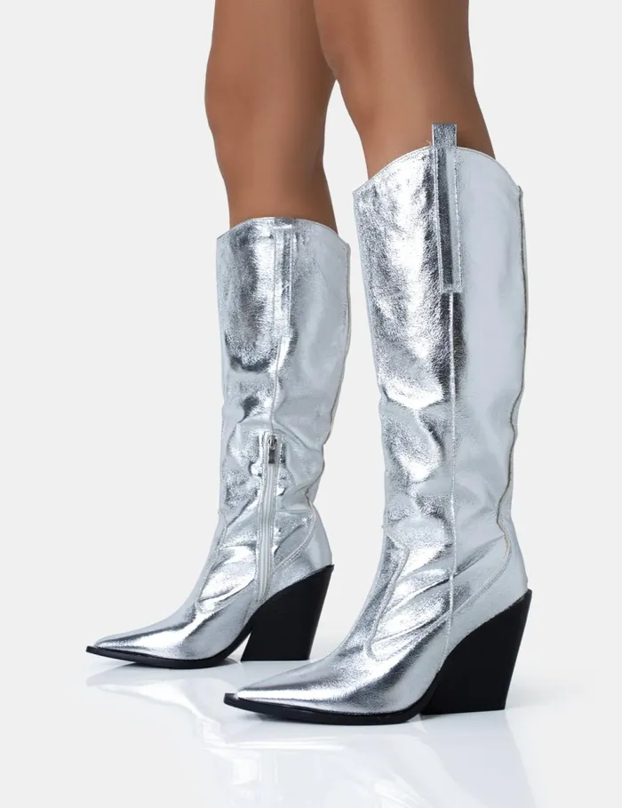 Women Nevada Silver Metallic Wide Fit Western Cowboy Pointed Toe Block Heel Knee High Boots Silver Public Desire Festival