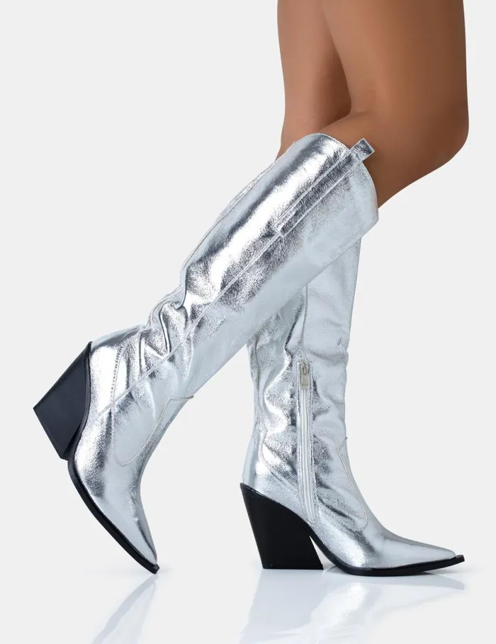 Women Nevada Silver Metallic Wide Fit Western Cowboy Pointed Toe Block Heel Knee High Boots Silver Public Desire Festival