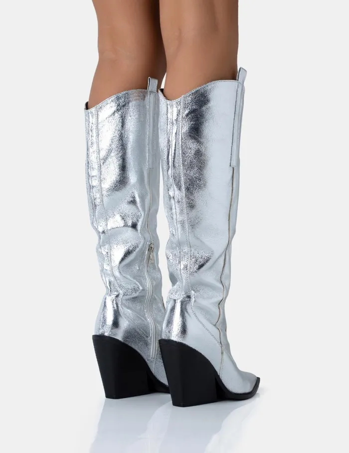 Women Nevada Silver Metallic Wide Fit Western Cowboy Pointed Toe Block Heel Knee High Boots Silver Public Desire Festival