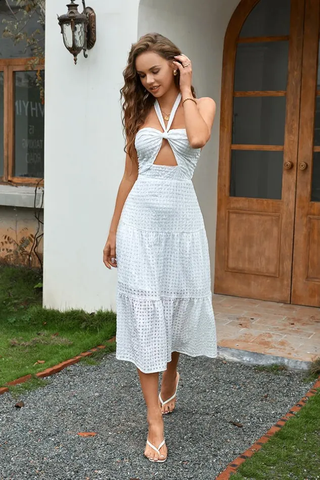 Women New In Dresses Cupshe Drea Halter Neck Fitted Waisted AShape Dress White