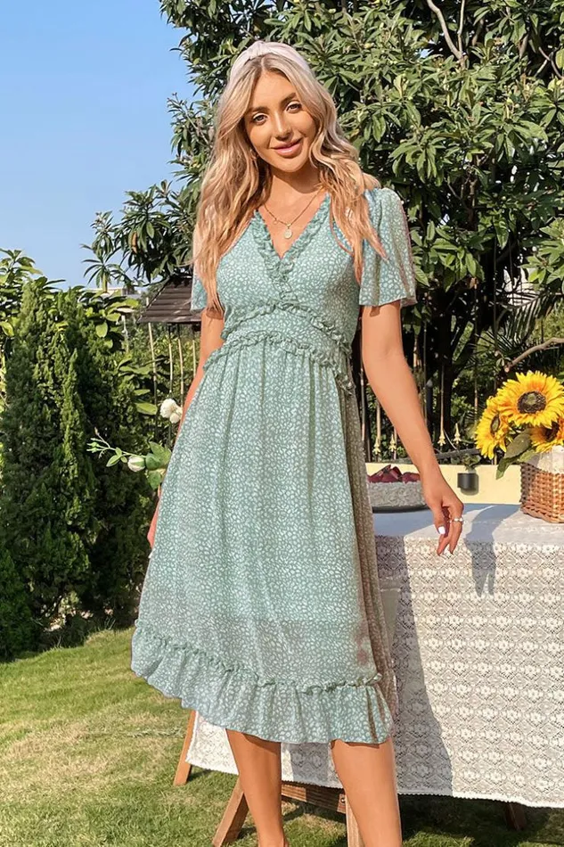 Women New In Dresses Cupshe Emily Vneck Tea Length Frill AShape Dress Green