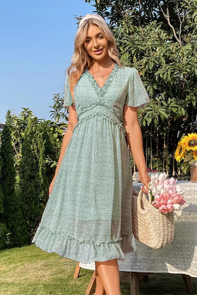 Women New In Dresses Cupshe Emily Vneck Tea Length Frill AShape Dress Green