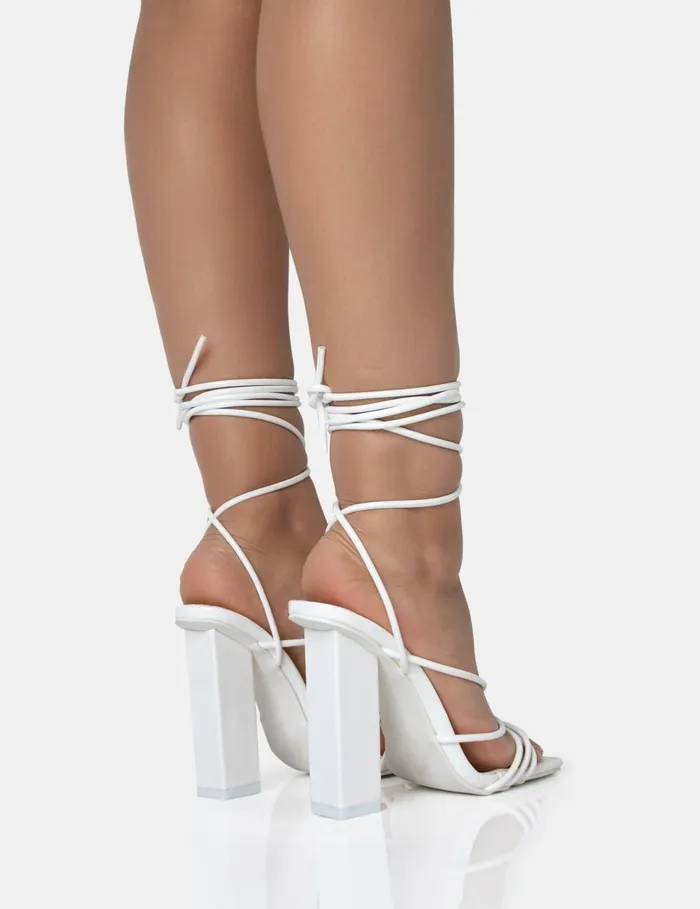 Women Nyla Wide Fit White Patent Strappy Lace Up Square Toe Block Heels White Public Desire Prom