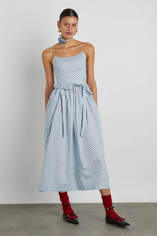 Women Occasion Wear Damson Madder Penelope Midi 8211 Blue and Red Spot