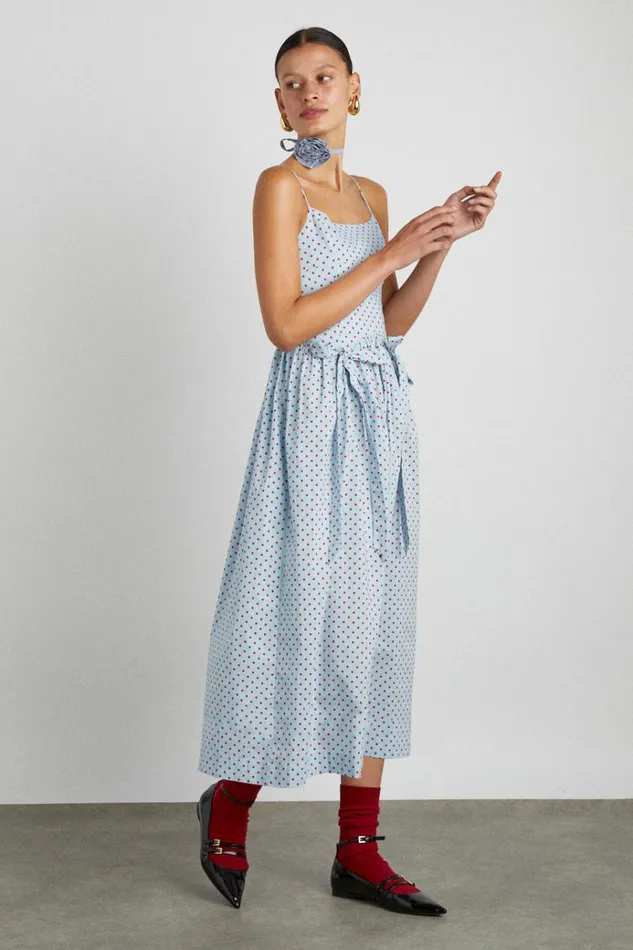 Women Occasion Wear Damson Madder Penelope Midi 8211 Blue and Red Spot