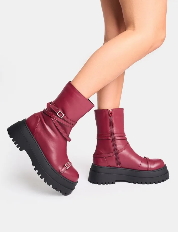 Women Odessa Burgundy Multi Strap Detail Chunky Sole Ankle Boots Burgundy Public Desire Ankle Boots