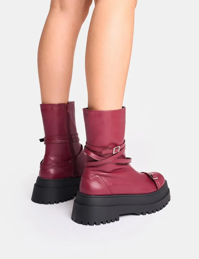 Women Odessa Burgundy Multi Strap Detail Chunky Sole Ankle Boots Burgundy Public Desire Ankle Boots