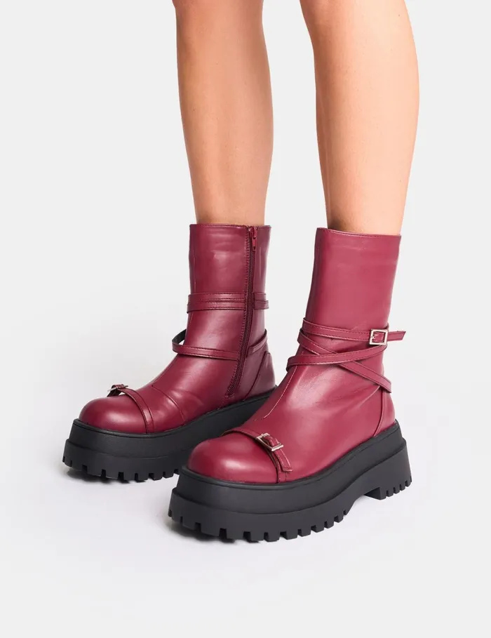 Women Odessa Burgundy Multi Strap Detail Chunky Sole Ankle Boots Burgundy Public Desire Ankle Boots