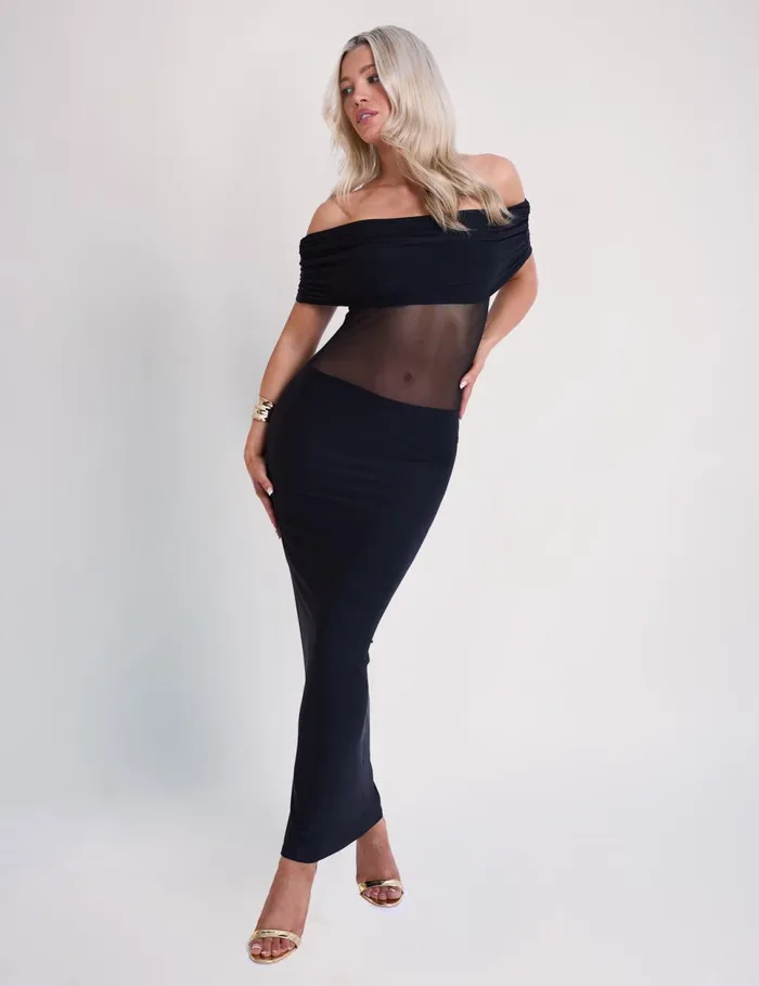 Women Off Shoulder Mesh Insert Maxi Dress Black Black Public Desire Dresses