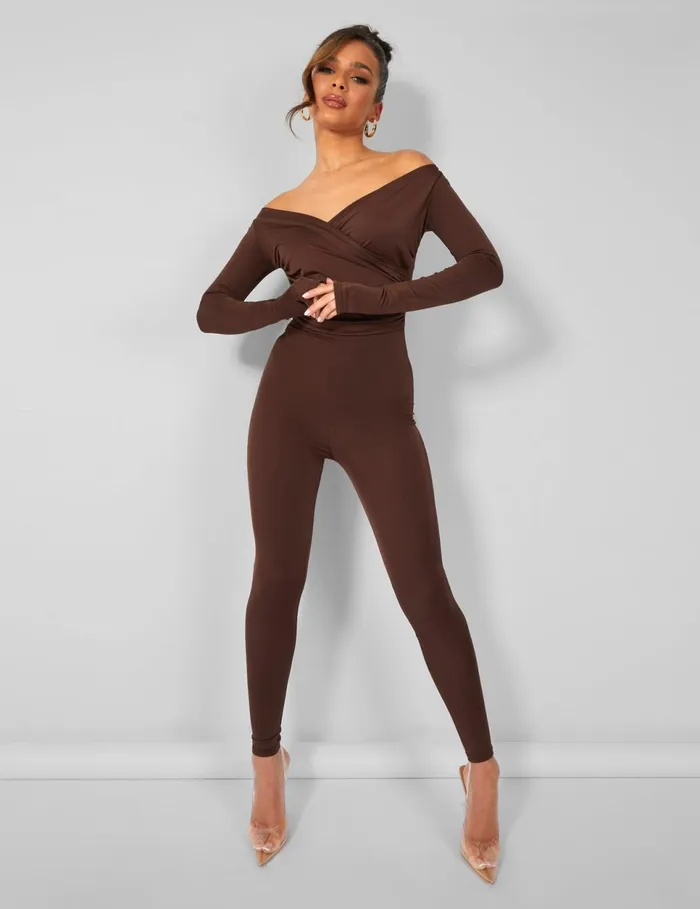 Women Off Shoulder Ruched Long Sleeve Jumpsuit Brown Brown Public Desire Party