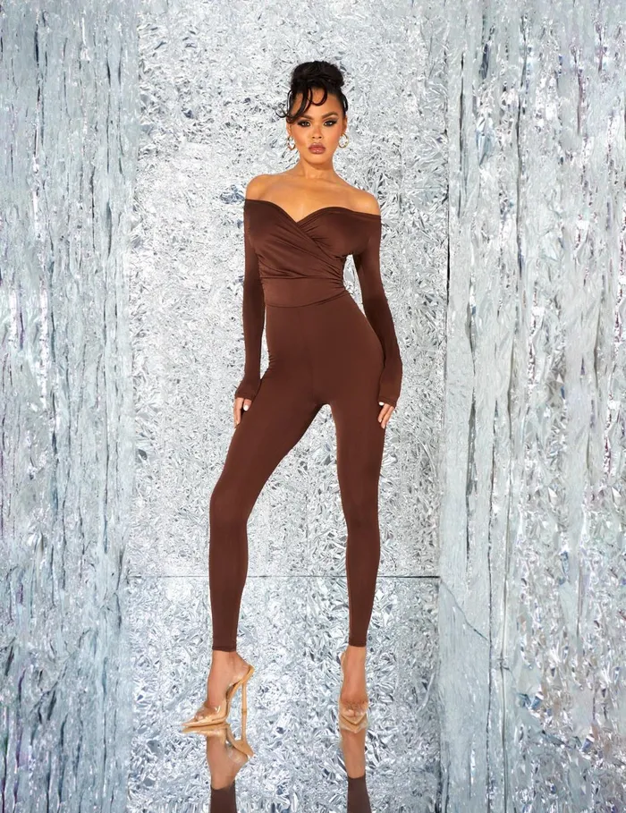 Women Off Shoulder Ruched Long Sleeve Jumpsuit Brown Brown Public Desire Party
