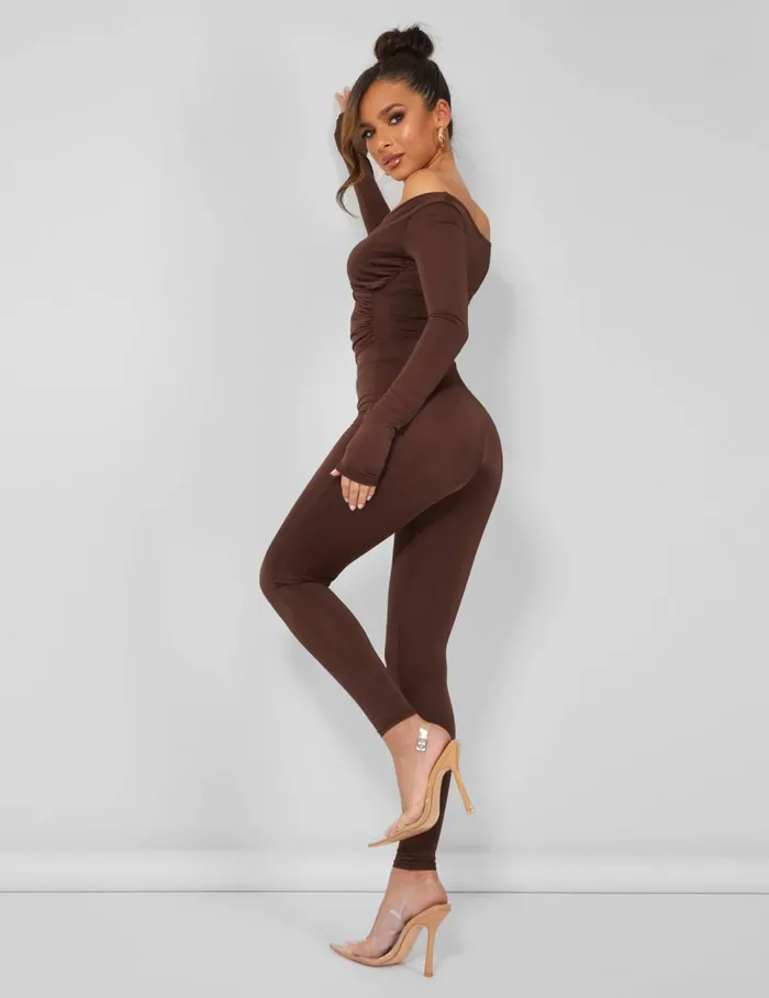 Women Off Shoulder Ruched Long Sleeve Jumpsuit Brown Brown Public Desire Party