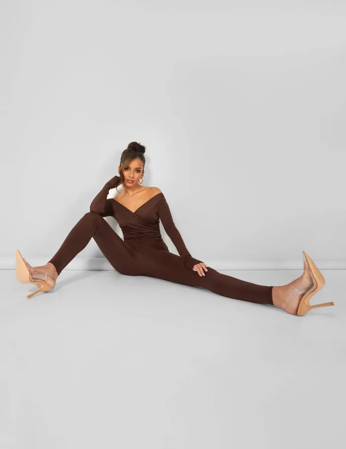 Women Off Shoulder Ruched Long Sleeve Jumpsuit Brown Brown Public Desire Party