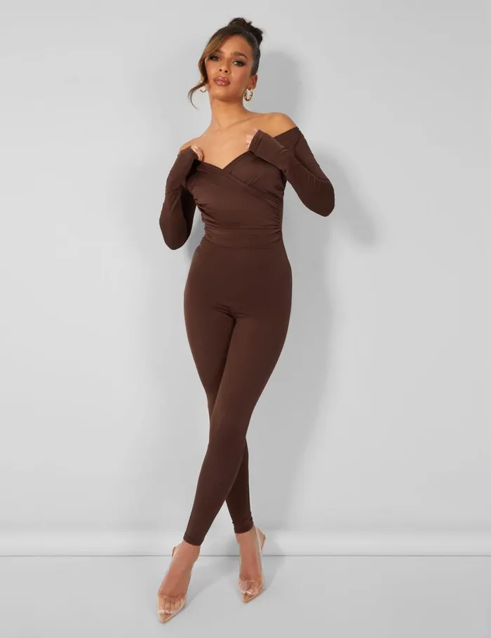 Women Off Shoulder Ruched Long Sleeve Jumpsuit Brown Brown Public Desire Party