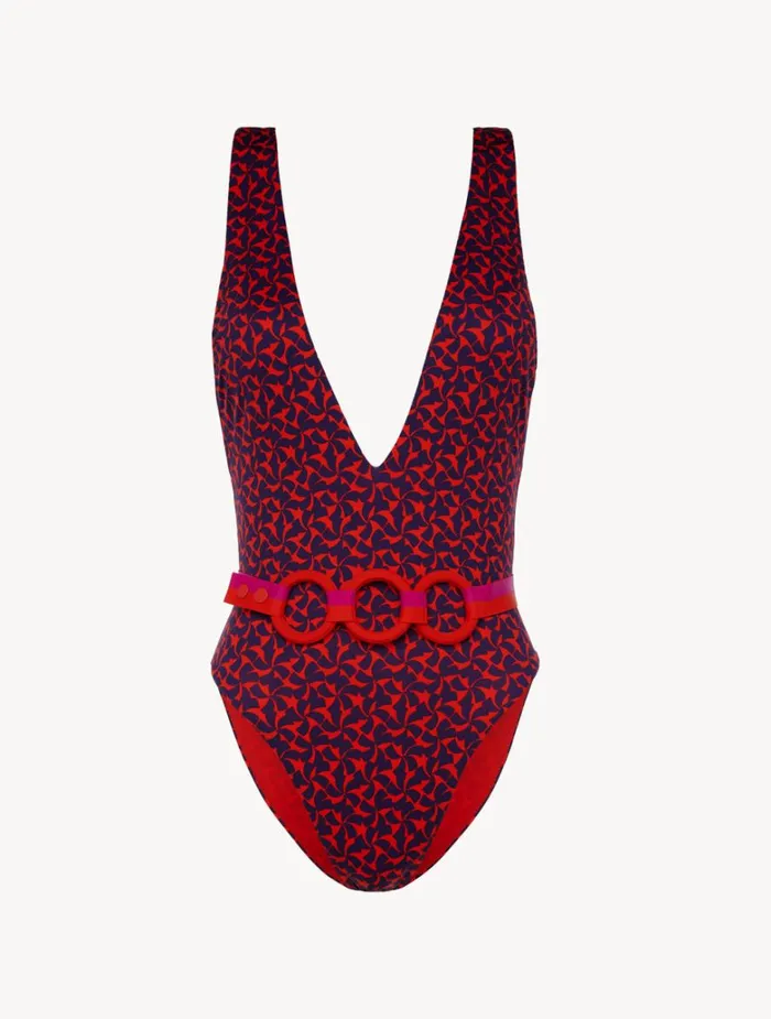 Women OnePiece Bathing Suits La Perla Belted Swimsuit In Red And Blue
