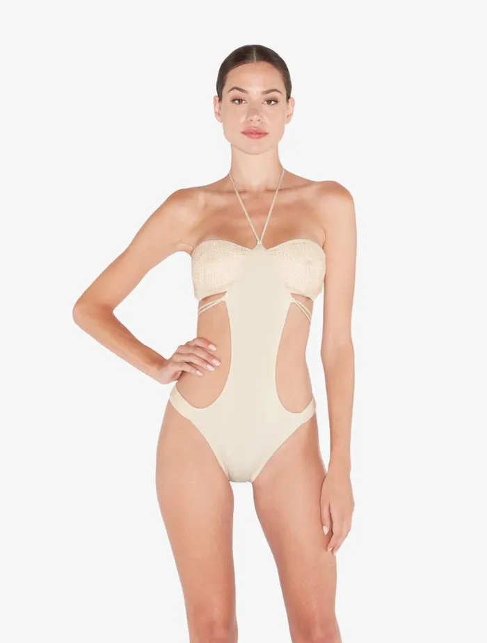 Women OnePiece Bathing Suits La Perla Trikini In Champagne With Beading