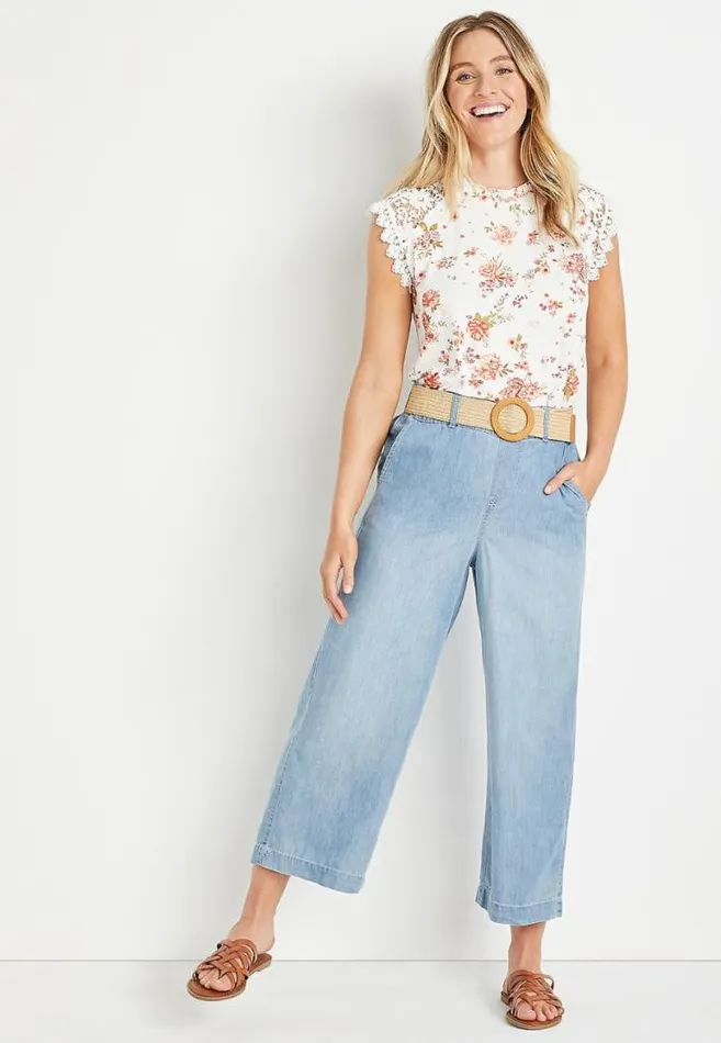 Women One5One High Rise Light Belted Wide Cropped Jean Maurices Bottoms