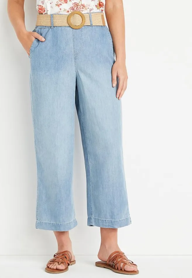 Women One5One High Rise Light Belted Wide Cropped Jean Maurices Bottoms