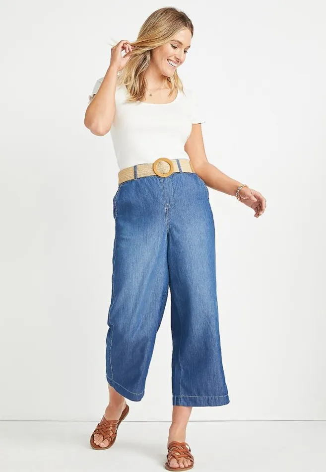 Women One5One High Rise Medium Belted Wide Leg Cropped Jean Maurices Bottoms