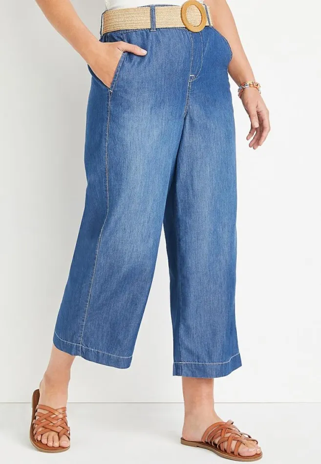 Women One5One High Rise Medium Belted Wide Leg Cropped Jean Maurices Bottoms