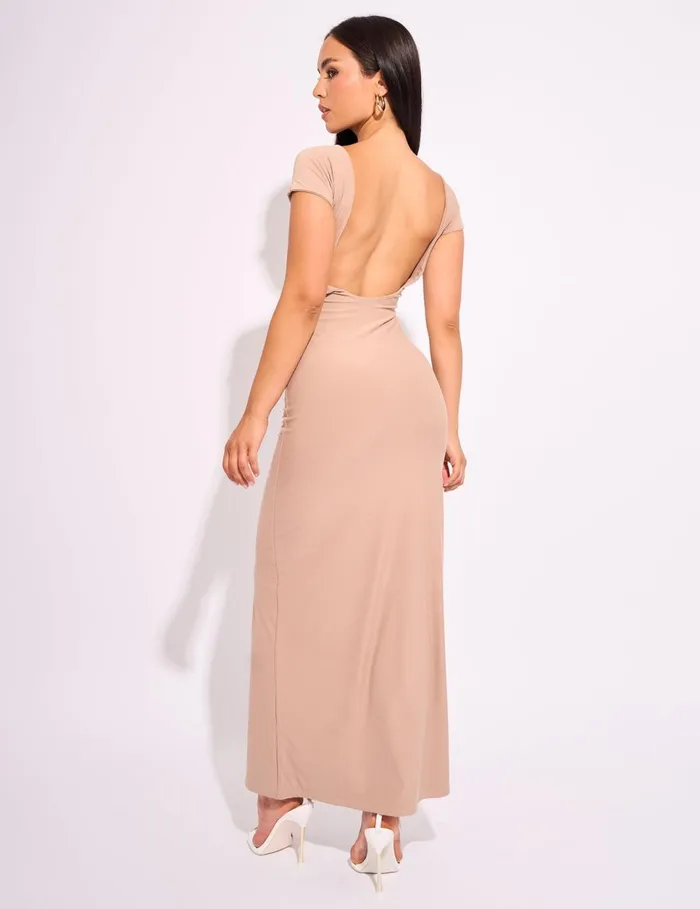 Women Open Back Detail Luxe Slinky Maxi Dress Stone Stone Public Desire Dresses