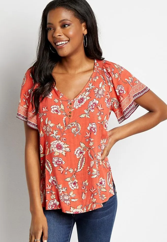 Women Orange Floral Flutter Sleeve Button Front Top Maurices Tops