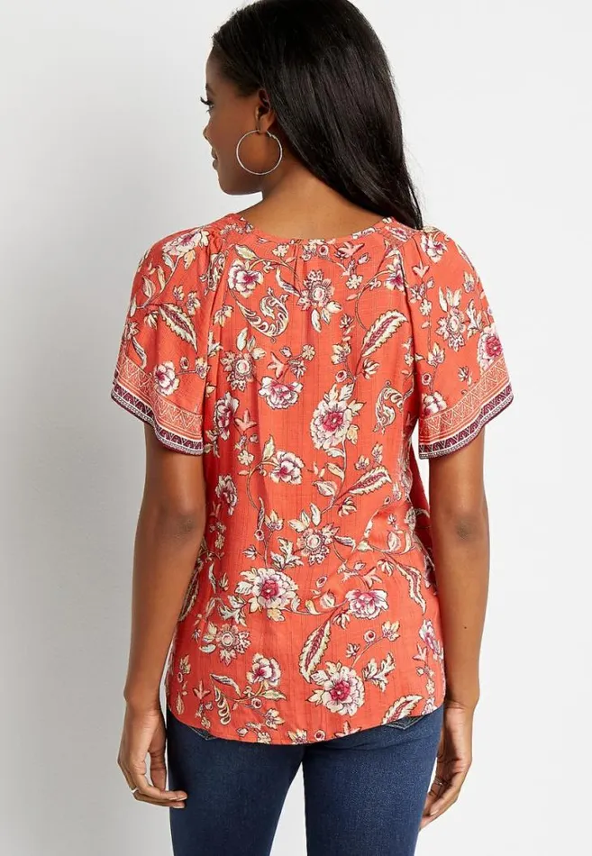 Women Orange Floral Flutter Sleeve Button Front Top Maurices Tops