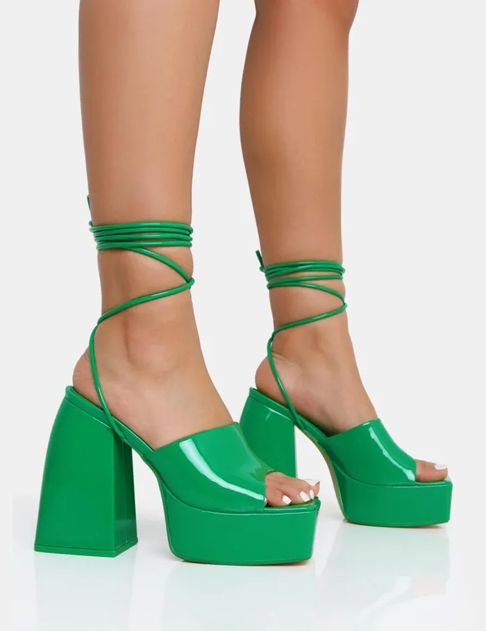 Women Orchid Green Patent Lace Up Chunky Sculptural Block Platform Heeled Mules Green Public Desire Prom Women Orchid Green Patent Lace Up Chunky Sculptural Block Platform Heeled Mules Green Public Desire Prom
