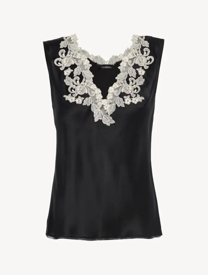 Women Pajamas La Perla Black Silk Satin Top With Frastaglio