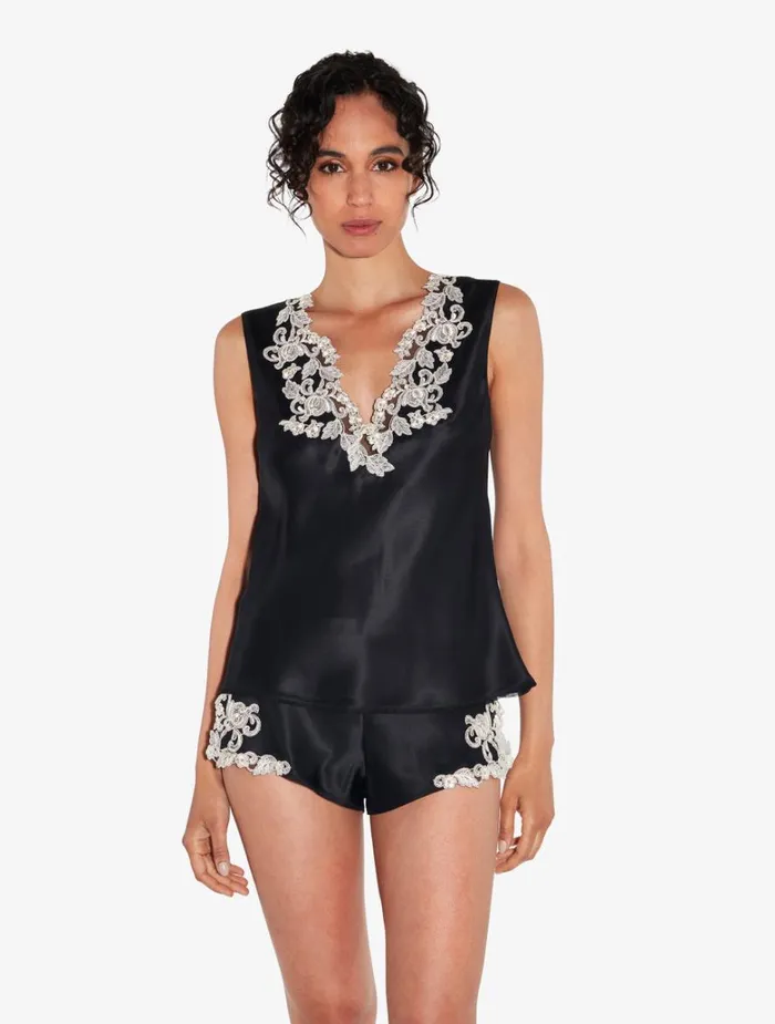 Women Pajamas La Perla Black Silk Satin Top With Frastaglio