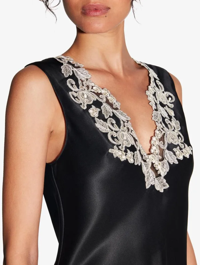 Women Pajamas La Perla Black Silk Satin Top With Frastaglio