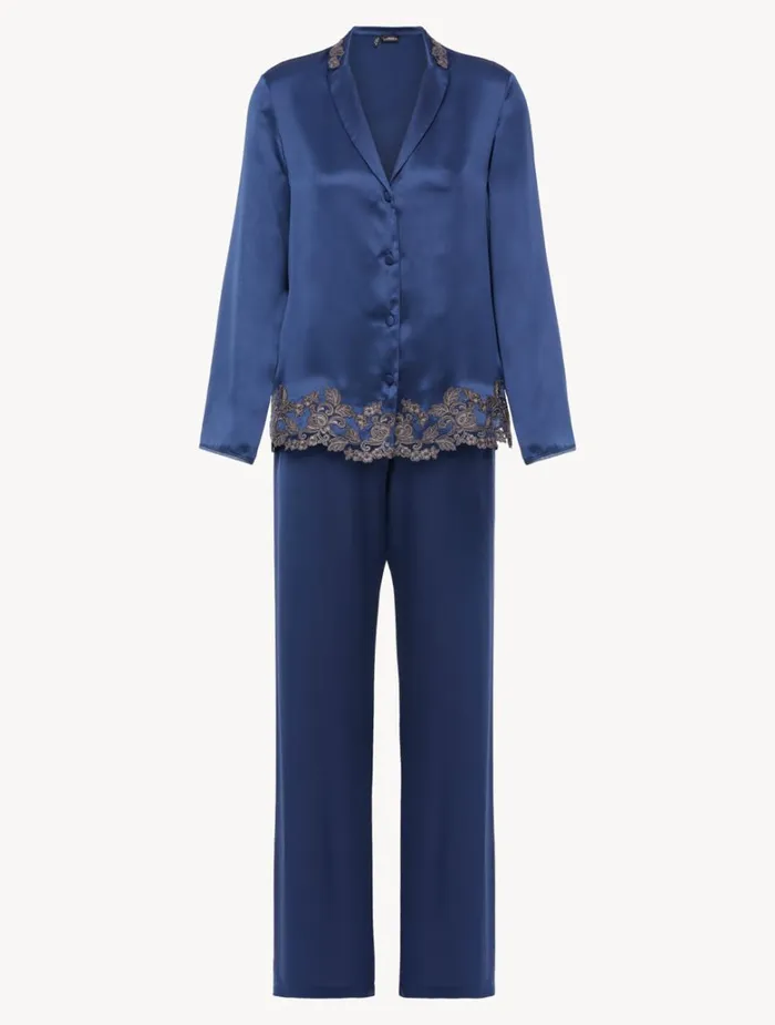 Women Pajamas La Perla Blue Silk Long Pajamas With Frastaglio
