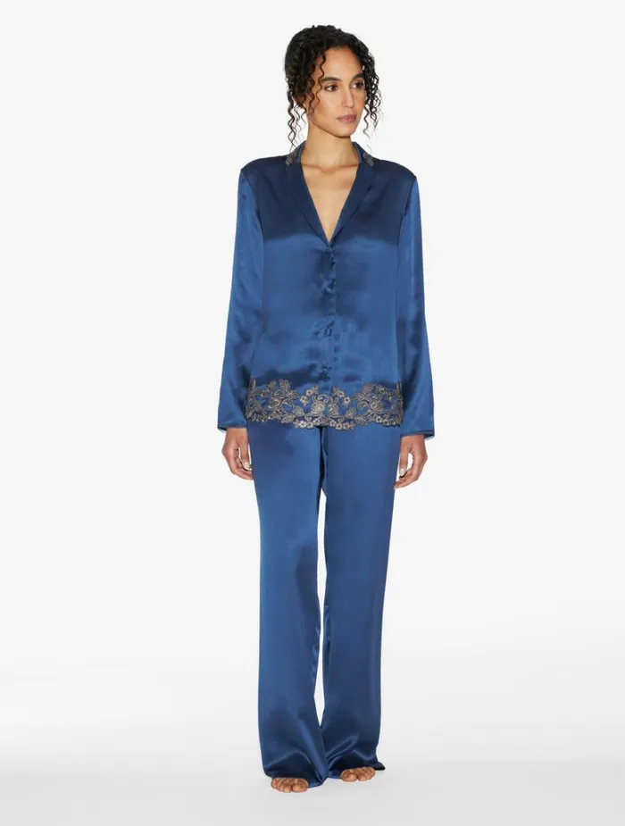 Women Pajamas La Perla Blue Silk Long Pajamas With Frastaglio