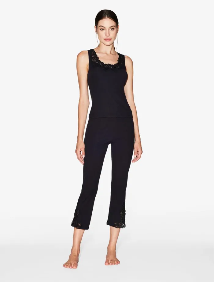 Women Pajamas La Perla Cashmere Blend Ribbed Trousers In Onyx With Frastaglio