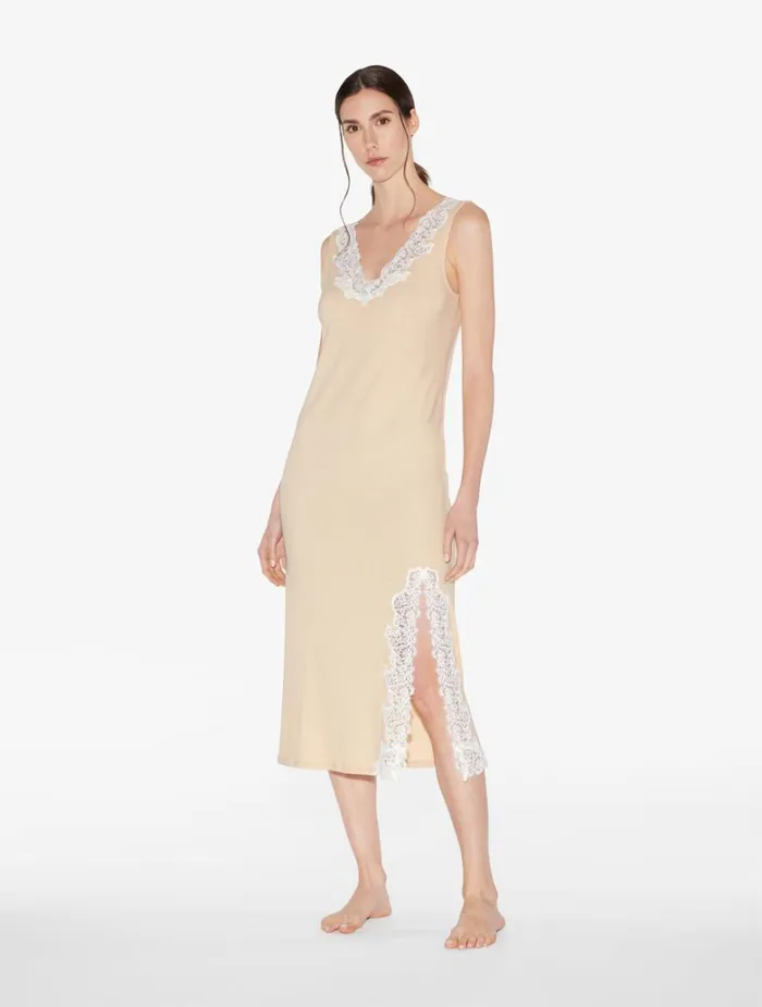 Women Pajamas La Perla Long Cashmere Blend Ribbed Nightgown In Halo With Frastaglio