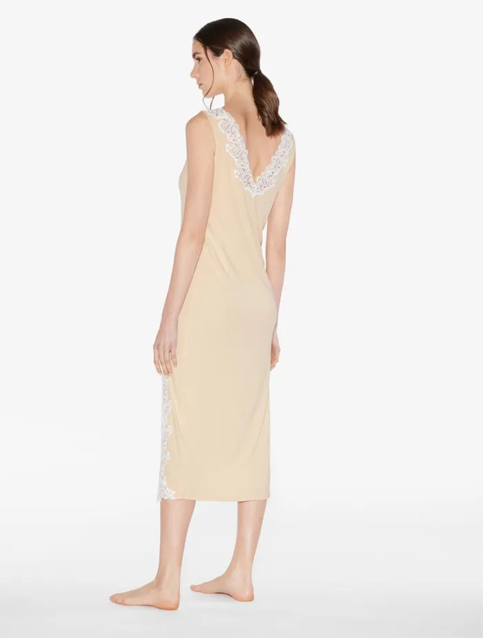 Women Pajamas La Perla Long Cashmere Blend Ribbed Nightgown In Halo With Frastaglio