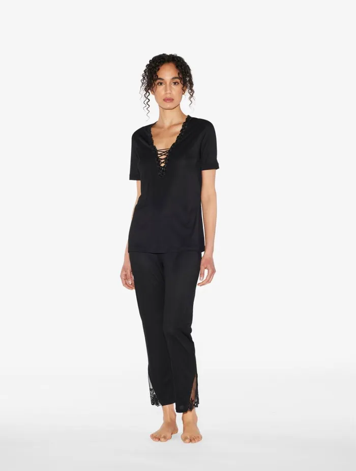 Women Pajamas La Perla Trousers In Black Modal With Embroidered Tulle