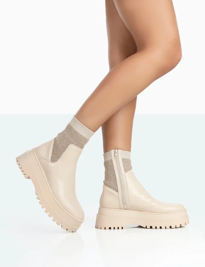 Women Paloma Nude Boucle Knit Chunky Sole Sock Ankle Boots Neutral Public Desire Sock Boots
