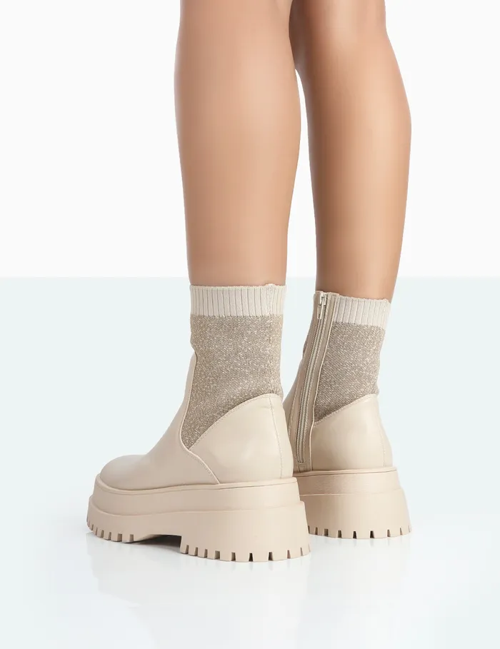 Women Paloma Nude Boucle Knit Chunky Sole Sock Ankle Boots Neutral Public Desire Sock Boots