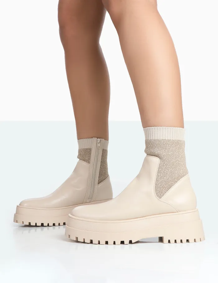 Women Paloma Nude Boucle Knit Chunky Sole Sock Ankle Boots Neutral Public Desire Sock Boots