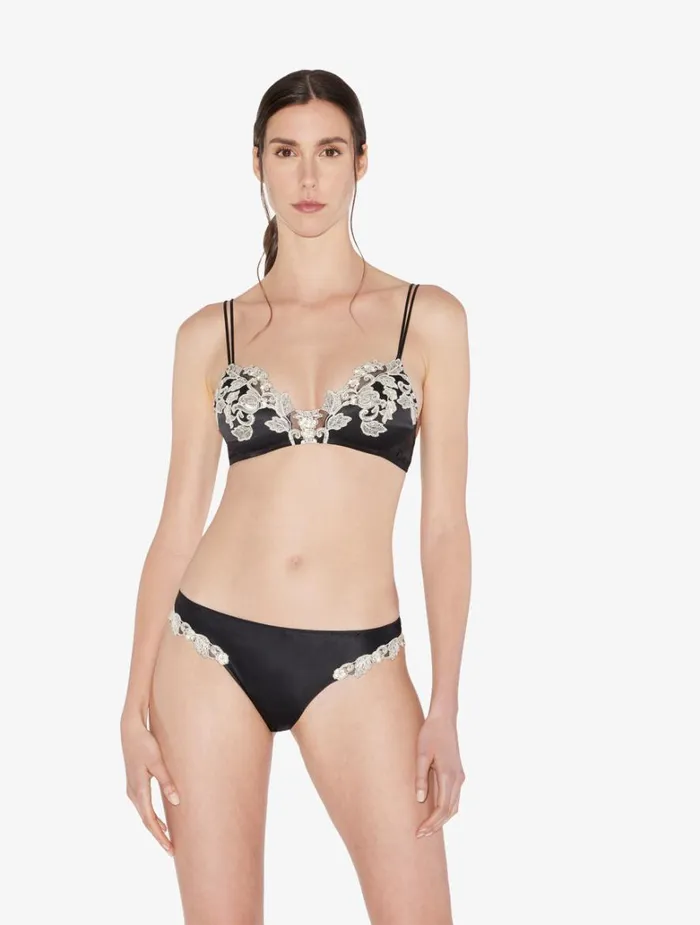 Women Panties La Perla Black Silk Brazilian Briefs With Ivory Frastaglio