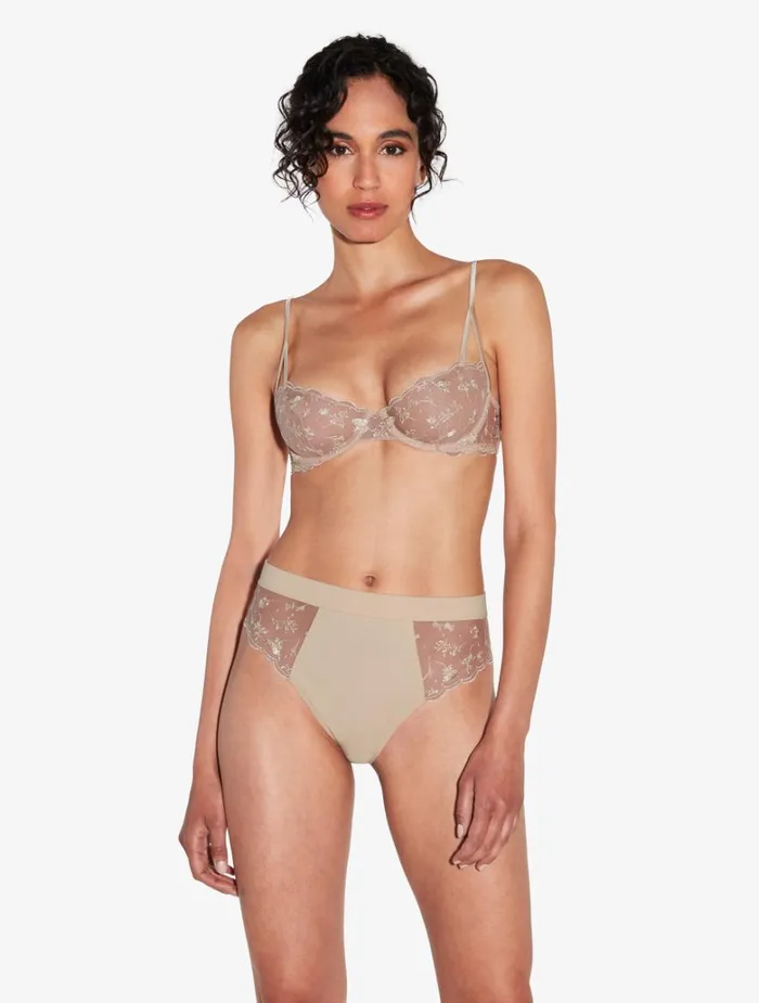 Women Panties La Perla High Waisted Briefs In Halo And Ivory Nude With Embroidered Tulle