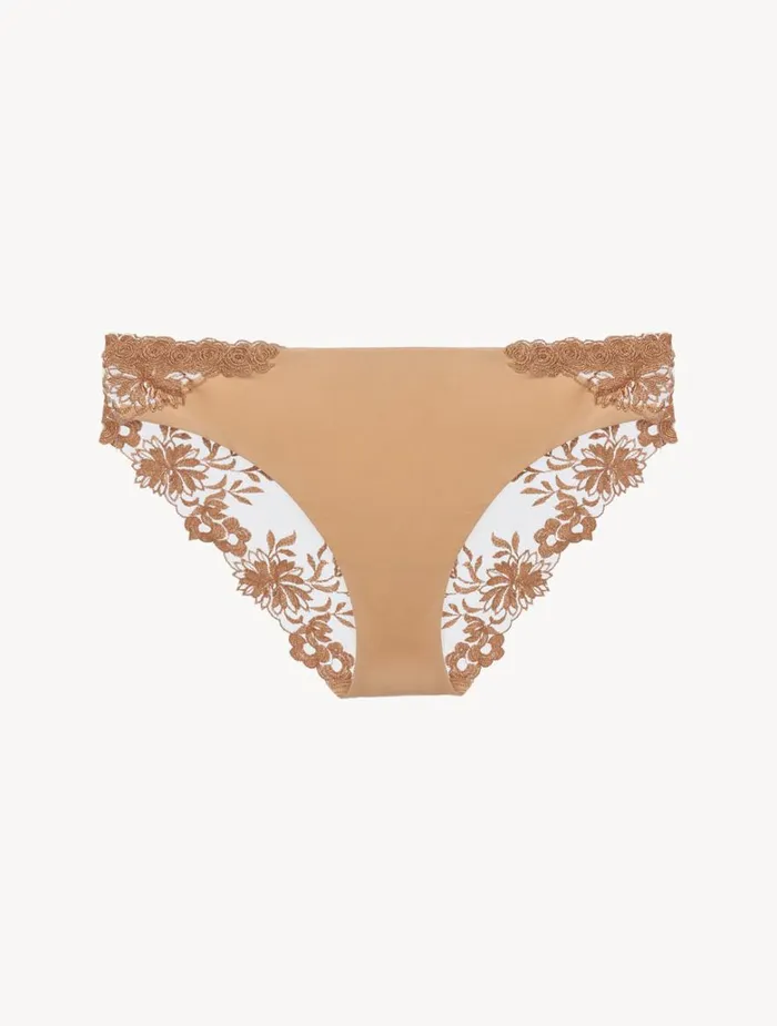 Women Panties La Perla Medium Brief In Beige Lycra With Embroidered Tulle