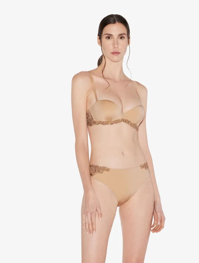 Women Panties La Perla Medium Brief In Beige Lycra With Embroidered Tulle