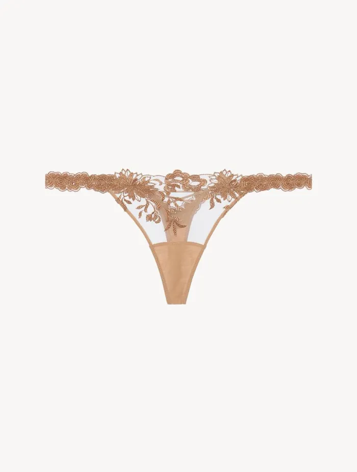 Women Panties La Perla Thong In Beige Lycra With Embroidered Tulle