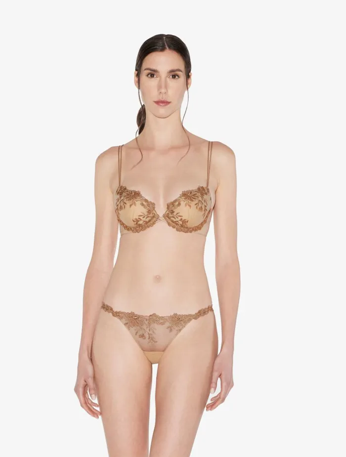 Women Panties La Perla Thong In Beige Lycra With Embroidered Tulle