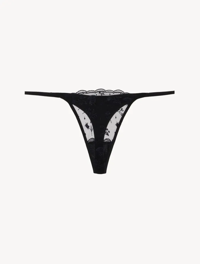 Women Panties La Perla Thong In Onyx With Embroidered Tulle