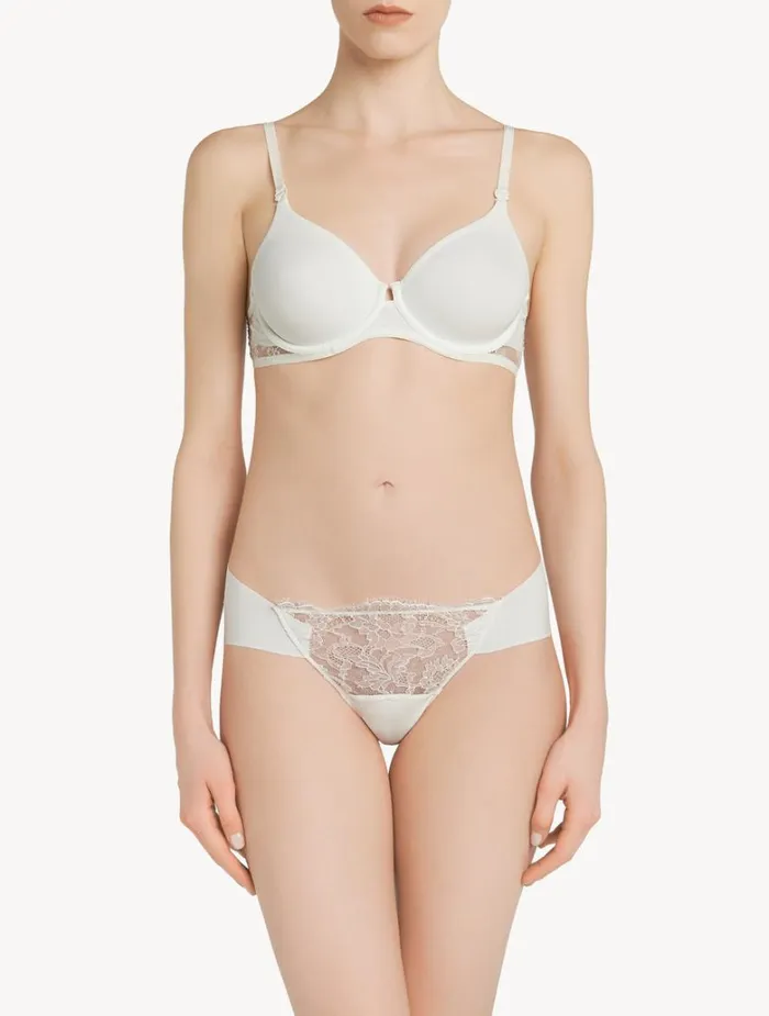 Women Panties La Perla White Lycra Thong With Chantilly Lace